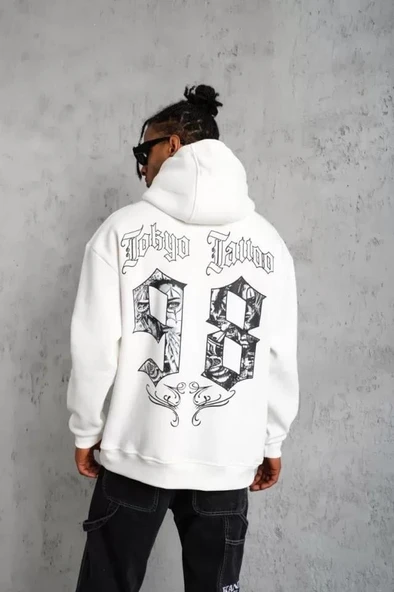 Erkek 98 Baskılı Kapşonlu Sweat - Beyaz - Resim 2