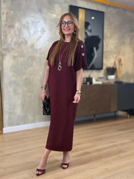 Kadın Kısa Kollu Bisiklet Yaka Omuzdan Düğmeli Uzun Viskon Iki Iplik Elbise - Resim 3