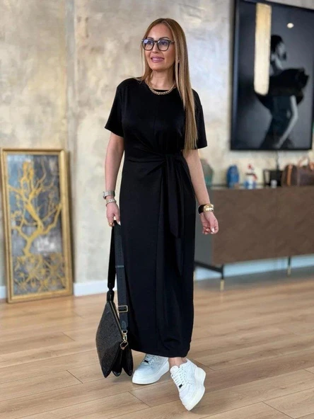 Kadın Kısa Kollu Bisiklet Yaka Yandan Bağlamalı Viskon Iki Iplik Elbise - Resim 2