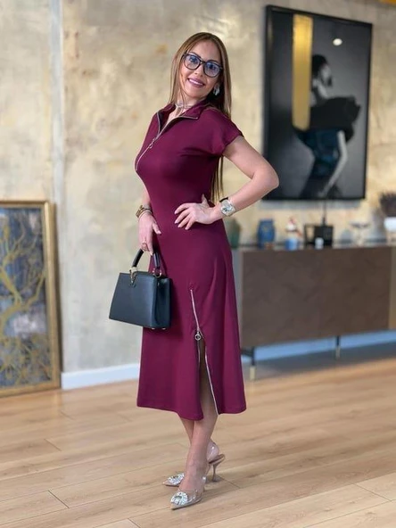 Kadın Kısa Kollu Yakadan Ve Etekten Fermuarlı Midi Viskon Iki Iplik Elbise - Resim 2