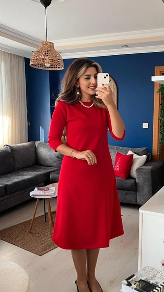 Kadın Uzun Kollu Bisiklet Yaka Midi Ithal Krep Elbise - Resim 2