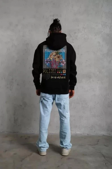 Erkek Patel Six Baskılı Kapüşonlu Sweat - Siyah - Resim 3