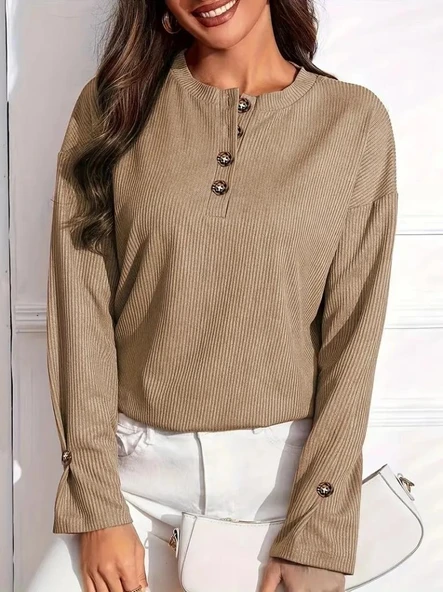 Kadın Uzun Kollu V Yakalı Düğmeli Salaş şardonlu Kaşkorse Bluz - Resim 2