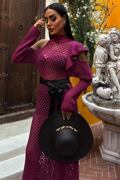 Saten Kuşaklı Ajurlu Triko Elbise 2847 - Resim 2