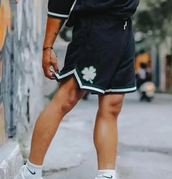 Erkek İki İplik Nakışlı Şort - Siyah ürün görseli