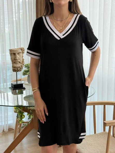 Kadın Kısa Kollu V Yaka Ribana Detaylı Cepli Dizüstü Viskon Elbise - Resim 3