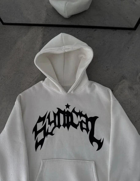 Üç İplik Kapşonlu Baskılı Oversize SweatShirt-  Beyaz - 1