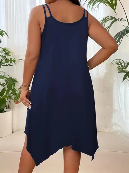 Kadın Askılı Yuvarlak Asimetrik Kesim Detaylı Viskon Elbise - Resim 2