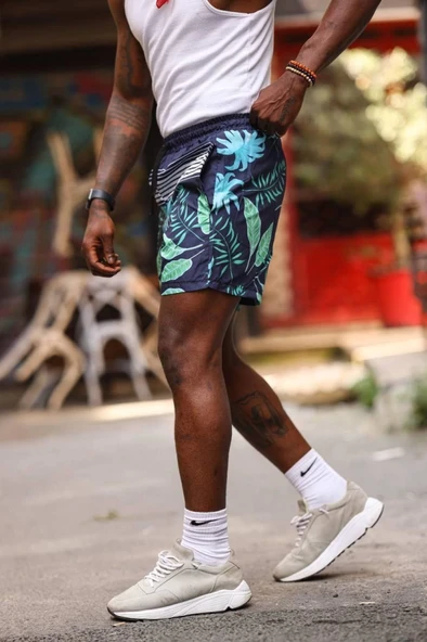 Erkek Palmiye Desenli Deniz Cepli Şort - Mavi - Resim 2