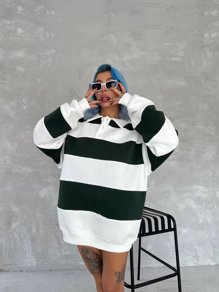 Unisex Üç İplik Parçalı Yakalı SweatShirt - Yeşil - Resim 4