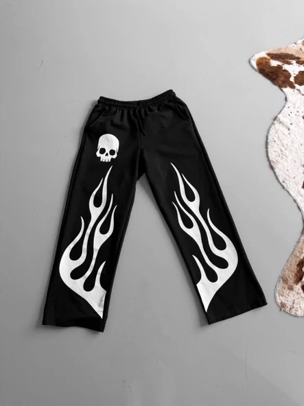 İki İplik Baskılı Kumaş Baggy Alt Esofman - Siyah - Resim 3