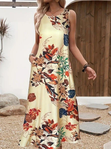 Kadın Askılı Yuvarlak Yaka Cepli Desenli Süprem Elbise ürün görseli