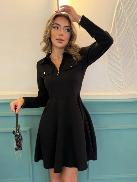 Kadın Uzun Kollu Yakalı Fermuarlı Ve Cepli Kısa Ithal Krep Kısa Elbise ürün görseli