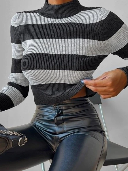 Kadın Uzun Kollu çizgi Detay Triko Bluz - Resim 2