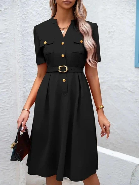 Kadın Kısa Kollu Düğmeli Ve Kemerli Atlas Elbise - Resim 6