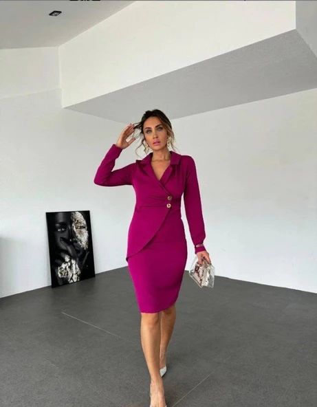 Kadın Ceket Yaka Düğme Detaylı Atlas Kumaş Elbise - Resim 8