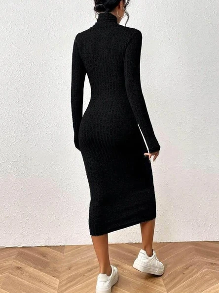 Kadın Uzun Kollu Göğüs Pencere Detaylı çapraz Yaka Detaylı şardonlu Kaşkorse Midi Elbise - Resim 2