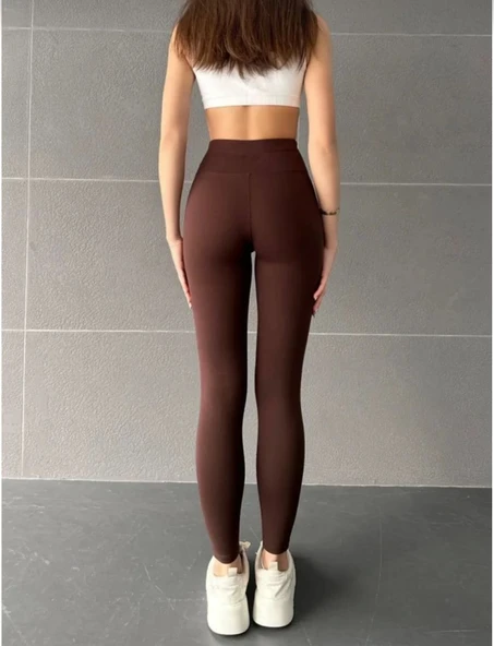Nonofit Yüksek Bel Düz Sporcu Tayt - Kahve - 2