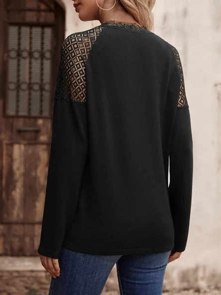 Kadın Uzun Kollu V Yakalı Dantel Detaylı Viskon Bluz - Resim 2