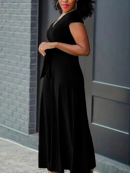 Kadın Kısa Kollu V Yakalı Belden Kuşaklı Maksi Boy Viskon Elbise - Resim 5