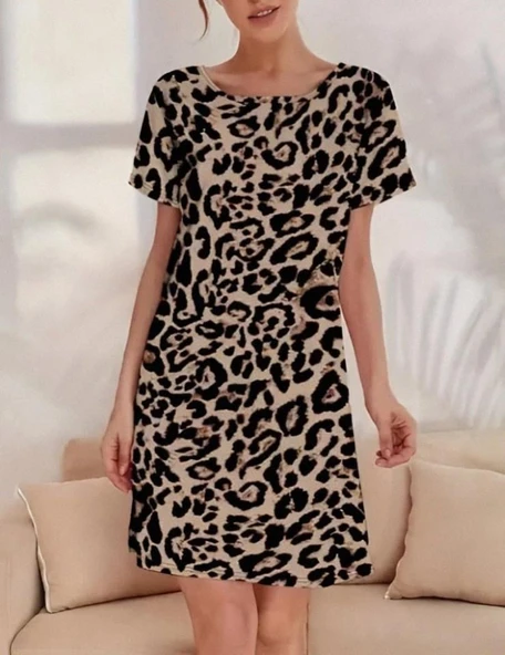 Kadın Kısa Kollu Bisiklet Yaka Dijital Baskılı Süprem Elbise ürün görseli