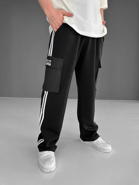 İki İplik Kumaş Kargo Cepli Şeritli Alt Esofman - Siyah ürün görseli