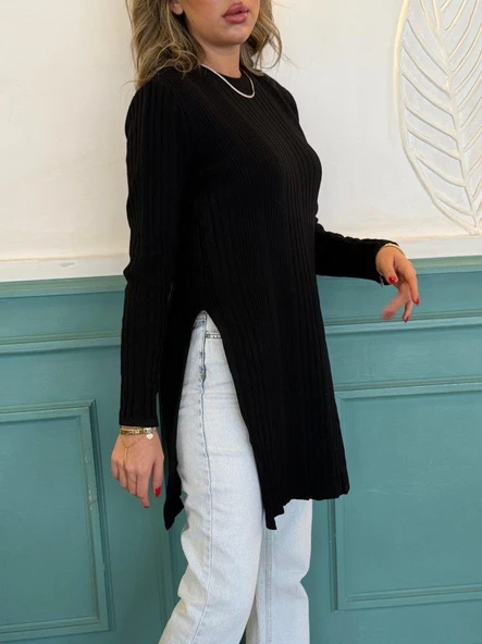 Kadın Uzun Kollu Bisiklet Yaka Iki Yandan Yırtmaç Detay Triko Bluz - Resim 2