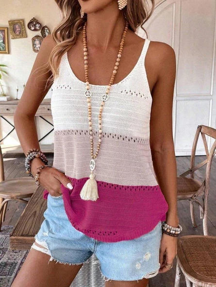 Kadın Askılı Yuvarlak Yaka çift Renkli Triko Bluz - Resim 4