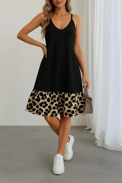 Kadın Ip Detaylı Kısa Elbise Askılı Yuvarlak Yakalı Viskon Etek Süprem Elbise ürün görseli