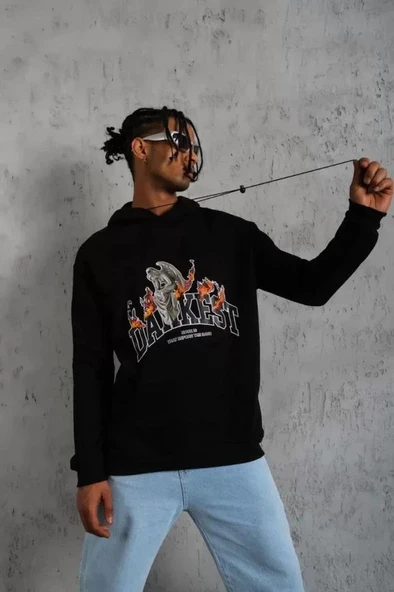 Erkek DANKES Baskılı Kapüşonlu Sweat - Siyah - Resim 2