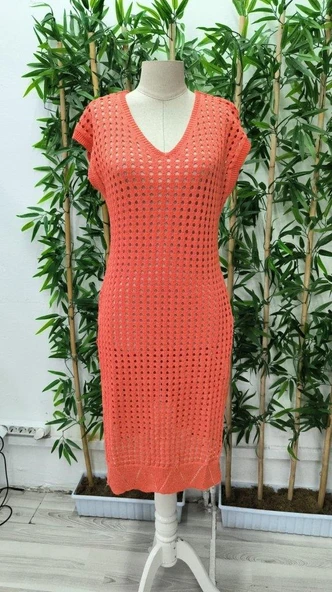 Kadın Sıfır Kol V Yaka Yanı Derin Yırtmaçlı Midi Boy Triko Elbise - Resim 7