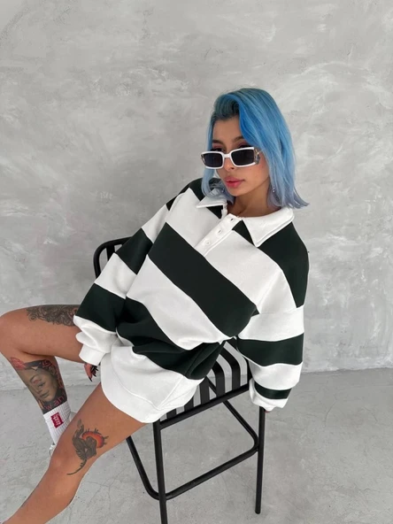 Unisex Üç İplik Parçalı Yakalı SweatShirt - Yeşil ürün görseli