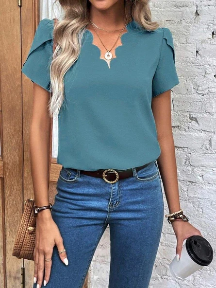 Kadın Kısa Kollu Lazer V Yakalı Ithal Krep Bluz - Resim 6