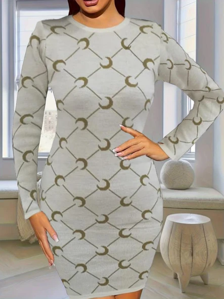 Kadın Bisiklet Yaka Uzun Kol Triko Mini Boy Elbise - Resim 3