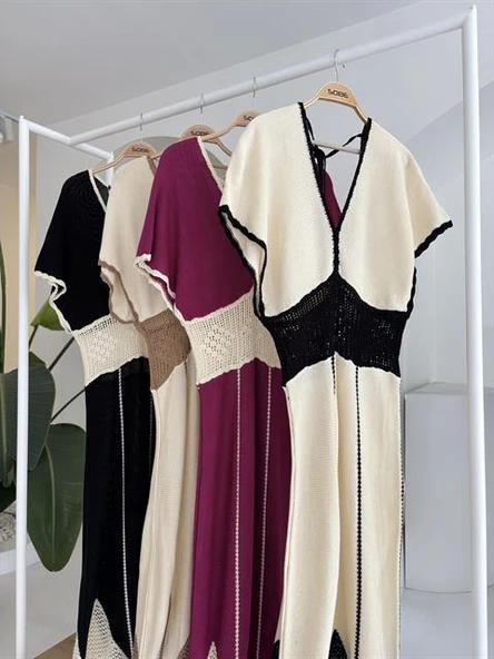 Dantel Desenli V Yaka Triko Elbise 2844 - Resim 10