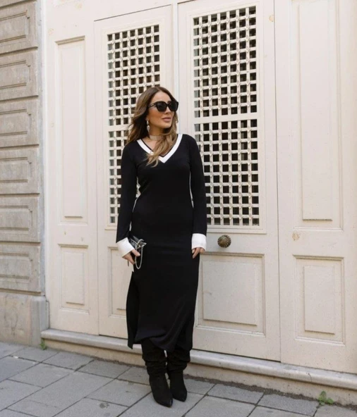 Kadın V Yaka Şerit Detaylı Çift Yırtmaçlı Elbise ürün görseli