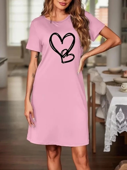 Kadın Kısa Kollu Bisiklet Yaka Kalp Desenli Viskon Elbise - Resim 2