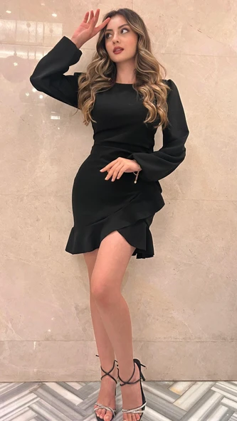 Kadın Uzun Kollu Bisiklet Yaka önden Volanlı Ithal Krep Elbise - Resim 5