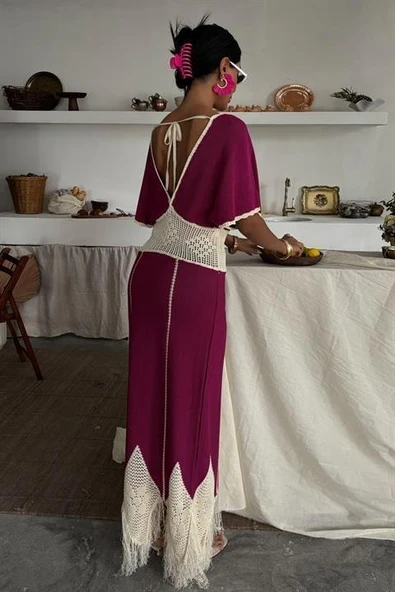 Dantel Desenli V Yaka Triko Elbise 2844 - Resim 7