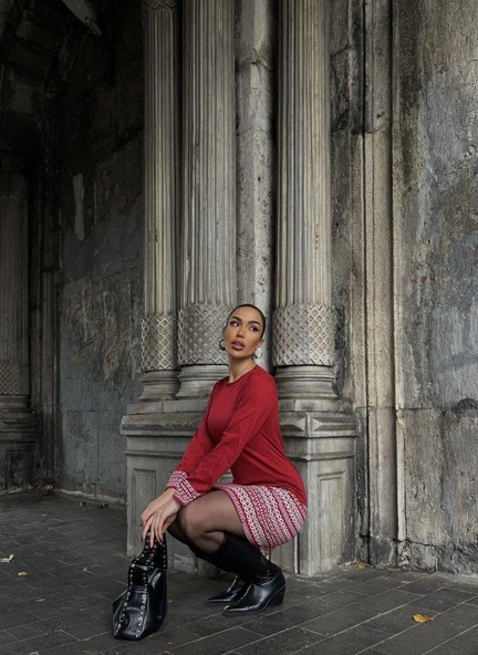 Kadın Uzun Kollu Bisiklet Yaka Kol Ağzı Ve Etek Ucu Baskılı Iki Iplik Elbise - Resim 10