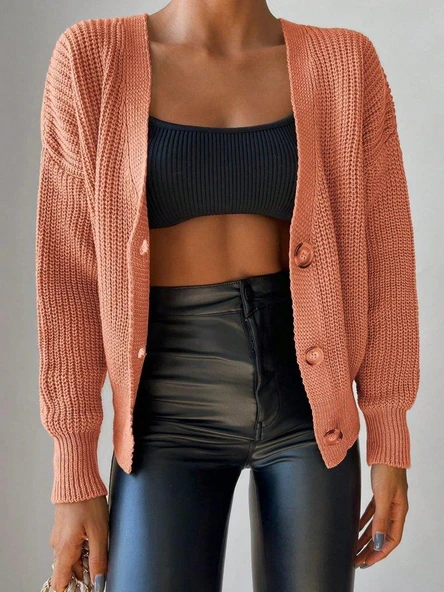 Kadın Uzun Kollu Düğme Detay Triko Bluz - Resim 4