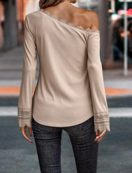 Kadın Uzun Kollu Tek Omuzu Açık Dantelli Burgu Bluz - Resim 2