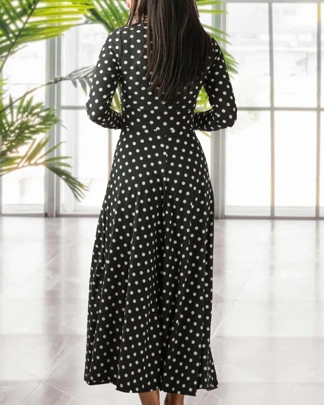 Kadın Krep Kumaş Uzun Kollu Tam Boy Puantiyeli Elbise 132 Cm - Resim 10