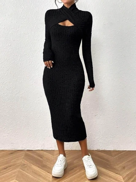 Kadın Uzun Kollu Göğüs Pencere Detaylı çapraz Yaka Detaylı şardonlu Kaşkorse Midi Elbise - Resim 3