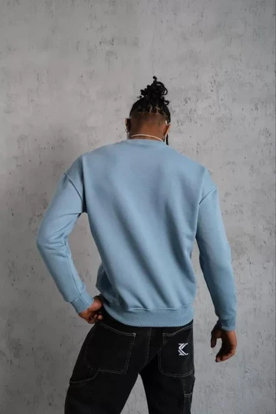 Erkek Düz Bisiklet Yaka Sweat - Mavi - Resim 2