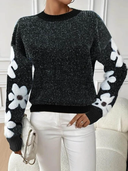 Kadın Uzun Kollu Bisiklet Yaka çiçek Desenli Triko Bluz - Resim 3