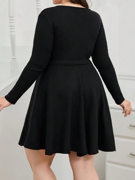 Kadın Uzun Kollu Kruvaze Yaka Kuşak Detay Salaş şardonlu Kaşkorse Mini Elbise - Resim 5