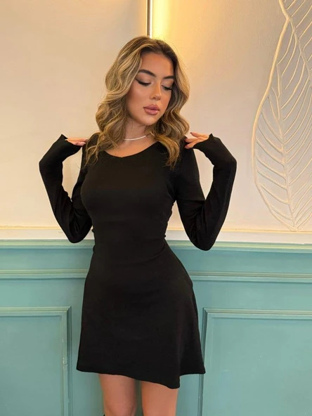 Kadın Uzun Kollu Bisiklet Yaka Kısa Kaşkorse Elbise - Resim 4