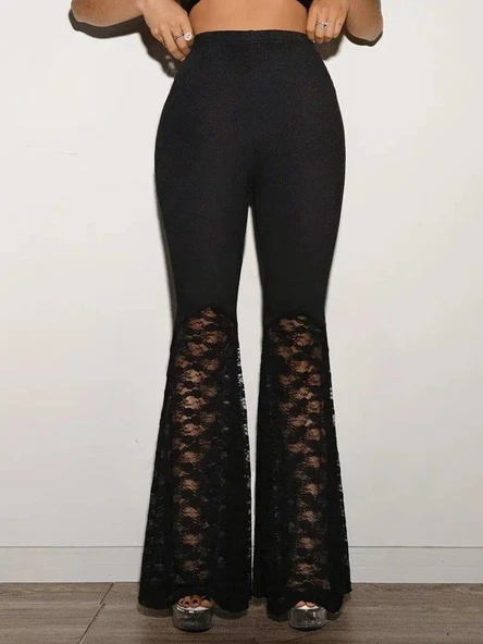 Kadın Yüksek Bel Dantel Detaylı Dalgıç Pantolon - 5