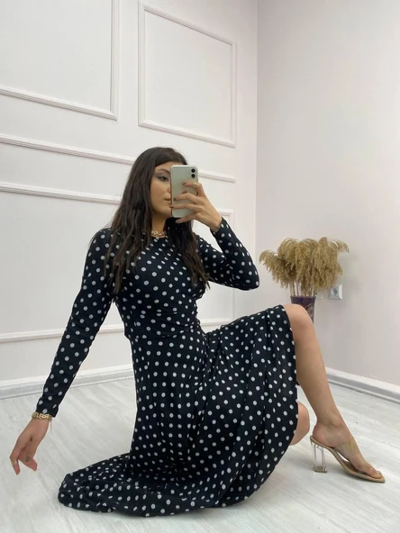 Kadın Krep Kumaş Uzun Kollu Tam Boy Puantiyeli Elbise 132 Cm - Resim 5